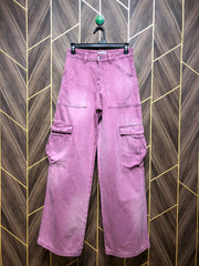 Women Wide Leg Cargo Jeans SMALL Size High Waist 28 Length 40